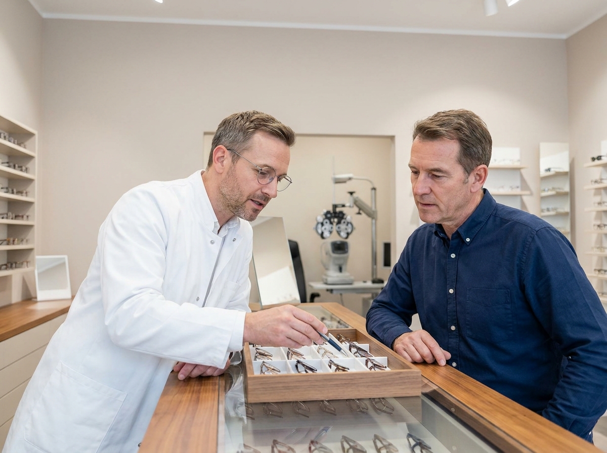 Opticien conseillant un client masculin sur le choix d'une nouvelle monture de lunettes dans une boutique d'optique moderne