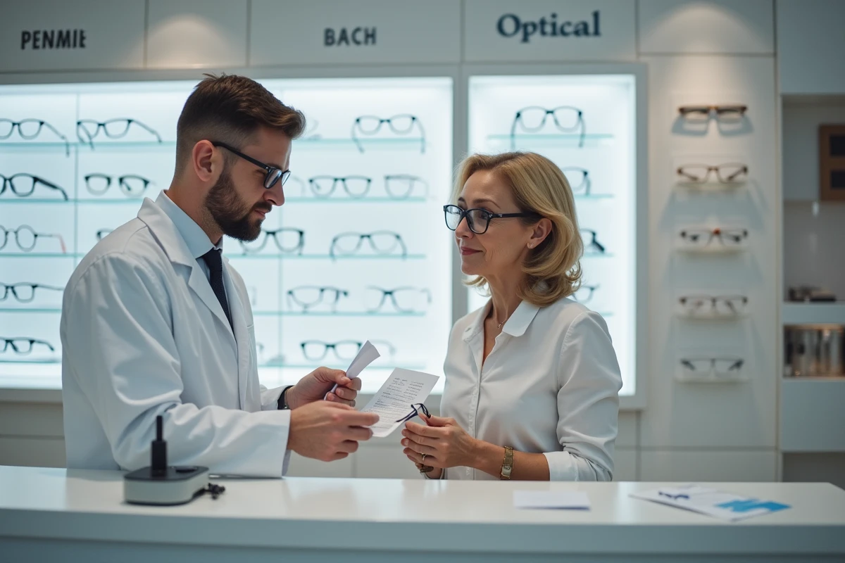 Opticien remettant une facture à une cliente dans un magasin d'optique pour un remboursement de verres ZEISS par la mutuelle