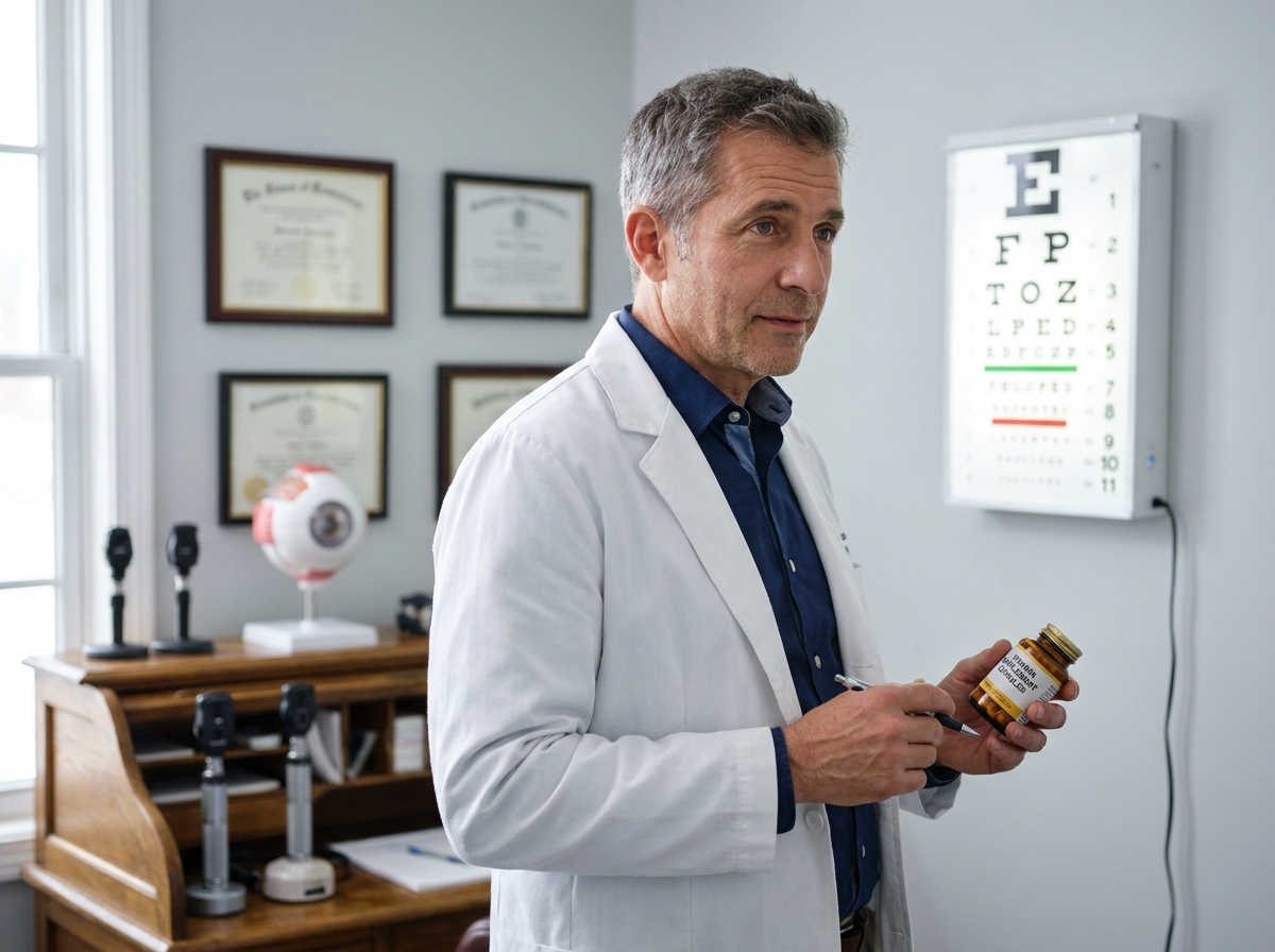 Opticien tenant des compléments de vitamines pour la santé des yeux en consultation