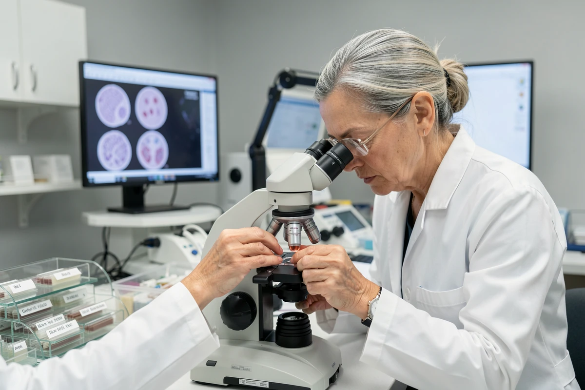 Pathologiste analysant des cellules épithéliales urinaires au microscope optique dans un laboratoire d'anatomopathologie