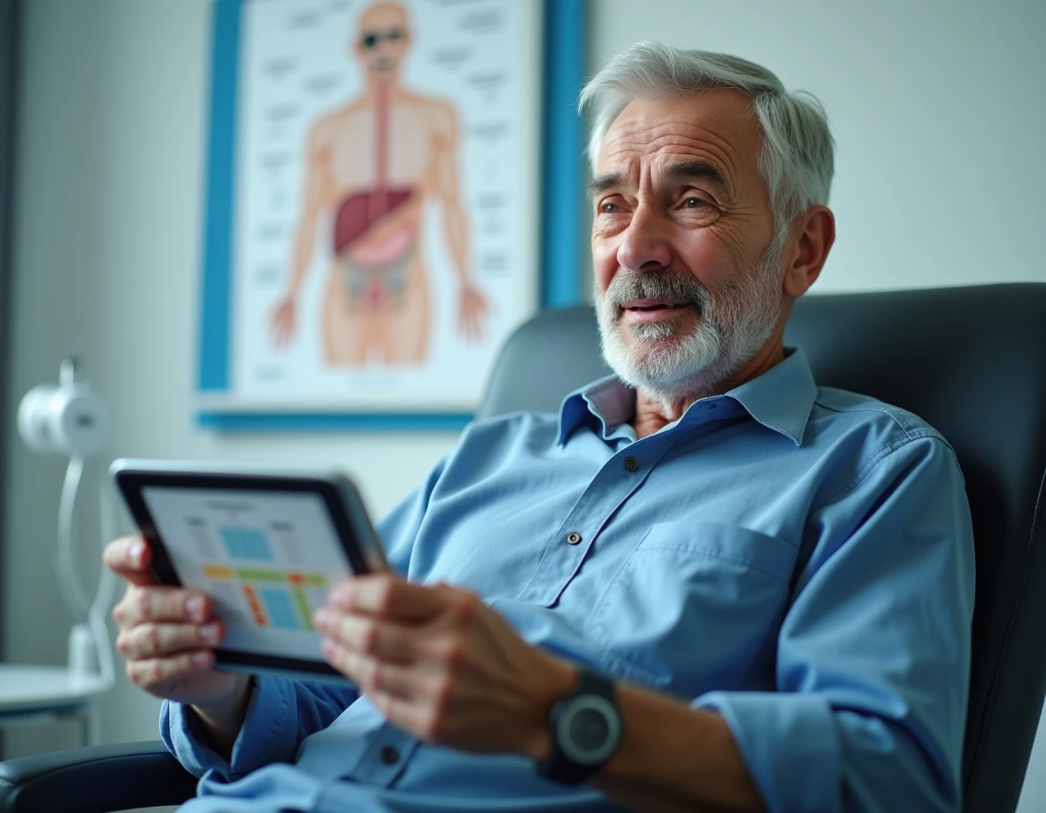 Patient âgé consultant ses résultats de bilan hépatique incluant les transaminases SGOT et ALAT sur une tablette en salle de consultation