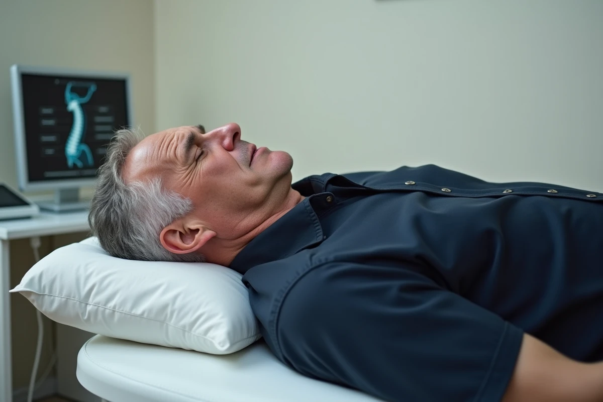 Patient allongé sur une table d'examen neurologique souffrant de douleur au bras gauche et de raideur cervicale