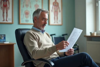 Homme d'âge moyen tenant un rapport médical dans un cabinet