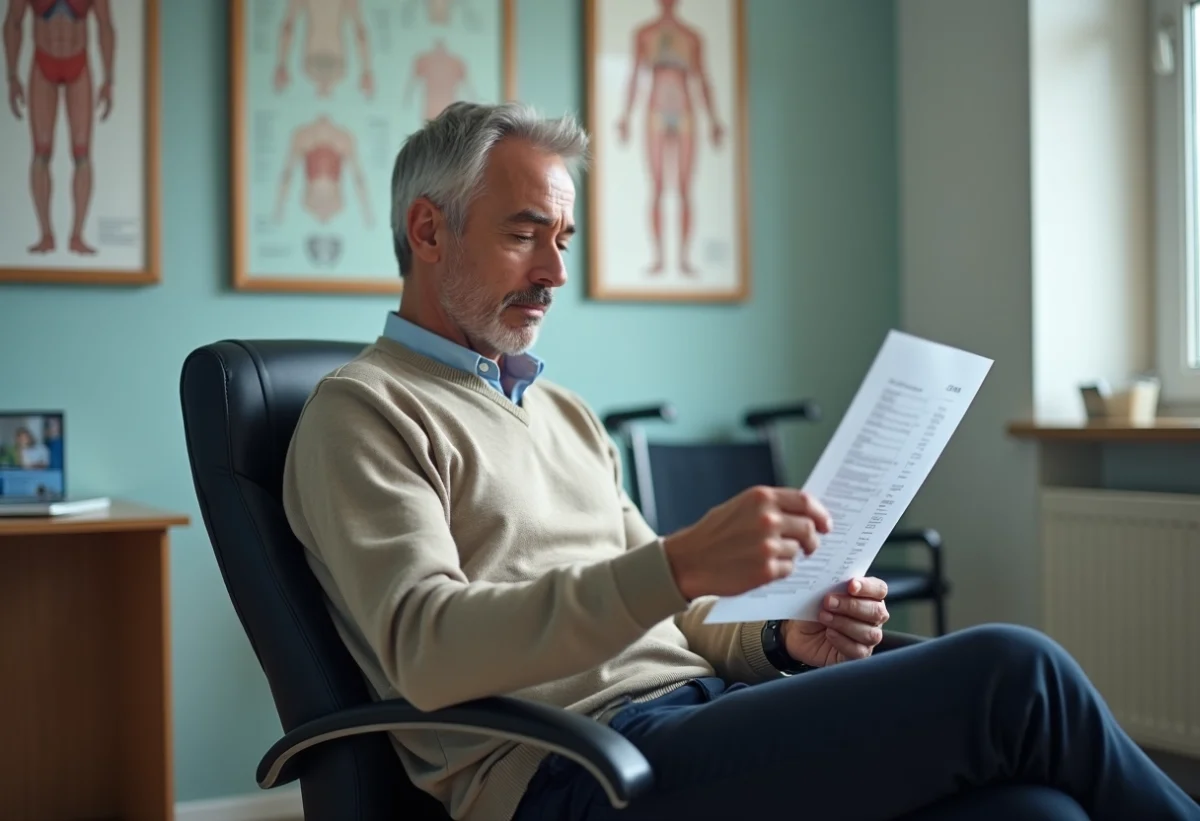 Homme d'âge moyen tenant un rapport médical dans un cabinet