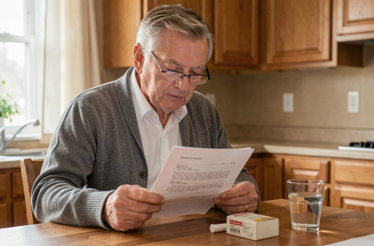 Homme âgé lisant une ordonnance médicale avec une boîte de médicament et un verre d'eau sur une table de cuisine