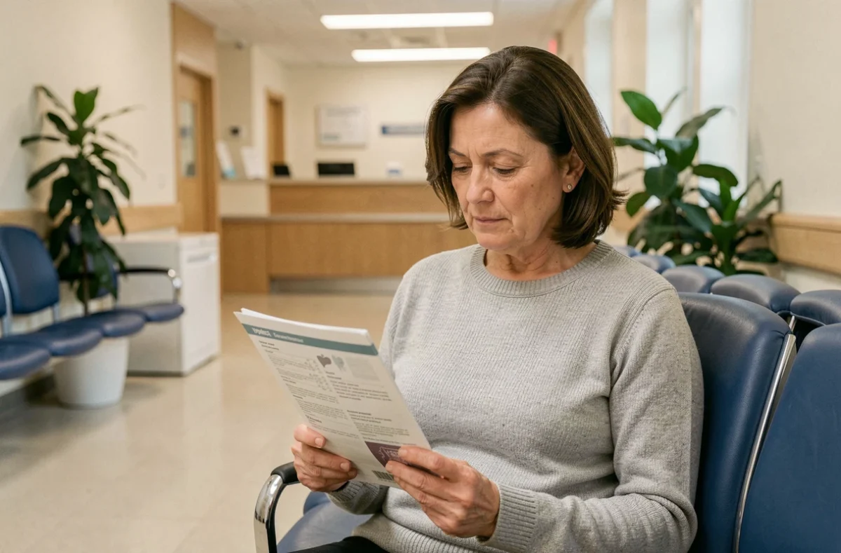 Femme adulte en salle d'attente hospitalière consultant une brochure sur les analyses hépatiques SGPT