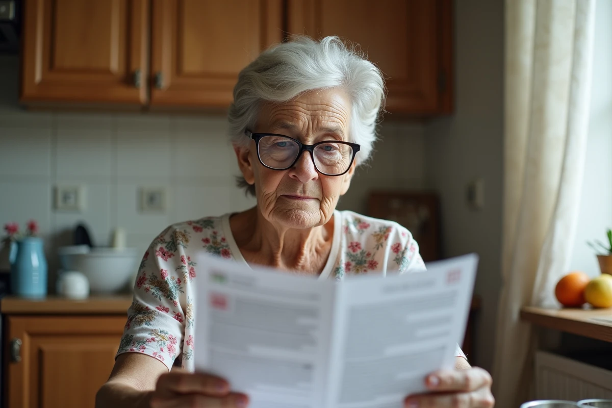 Patiente âgée lisant une notice de médicament à son domicile pour comprendre les bénéfices et risques