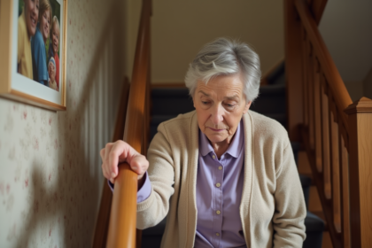 Femme agee descend des escaliers en toute securite