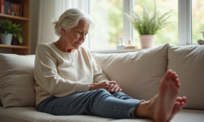 Personne agee se relaxant en massant son pied à la maison