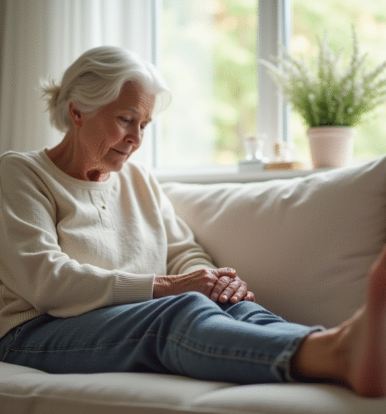 Personne agee se relaxant en massant son pied à la maison