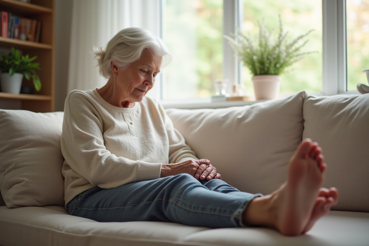 Personne agee se relaxant en massant son pied à la maison