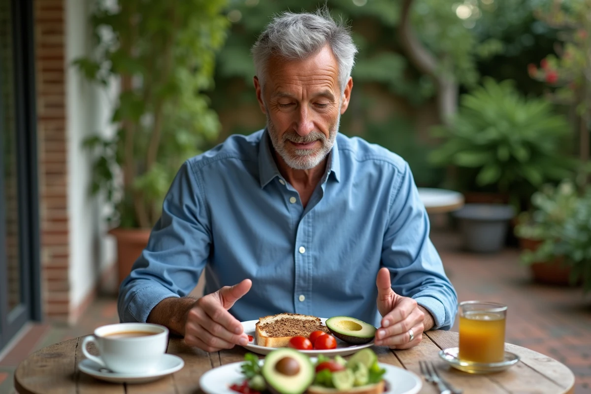 Homme préparant un petit déjeuner sain en extérieur