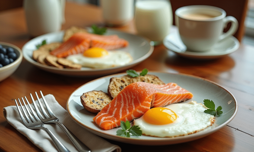Table petit déjeuner riche en vitamine D avec saumon œufs et champignons
