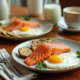 Table petit déjeuner riche en vitamine D avec saumon œufs et champignons
