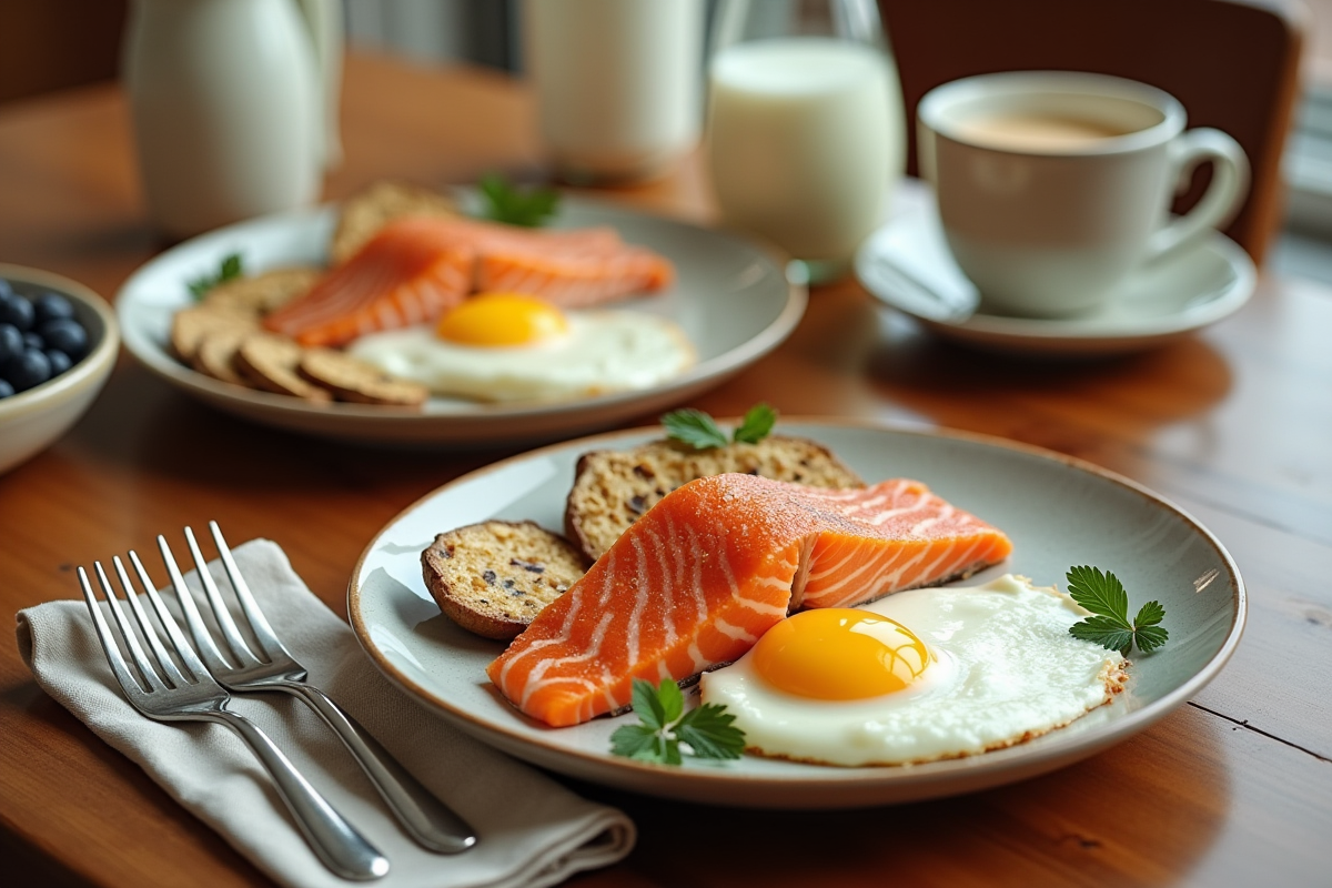 Table petit déjeuner riche en vitamine D avec saumon œufs et champignons