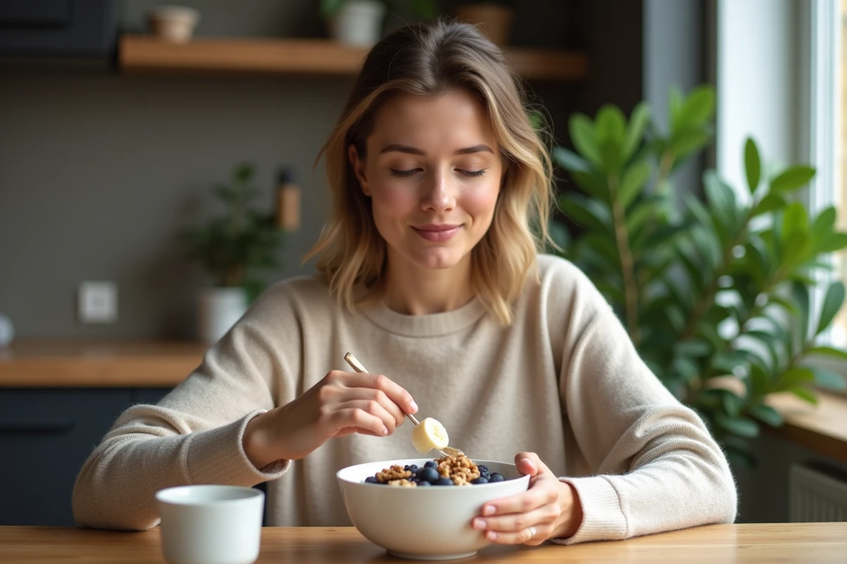 Femme dégustant un chia pudding dans une cuisine chaleureuse