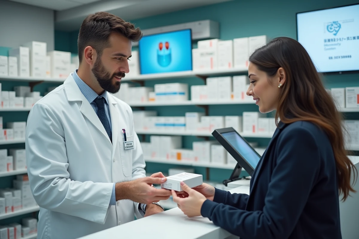 Pharmacien remettant une boîte de médicament à une patiente avec explications professionnelles