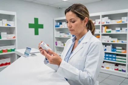 Pharmacienne en blouse blanche examinant une boîte de médicament Optiloba au comptoir d'une pharmacie moderne