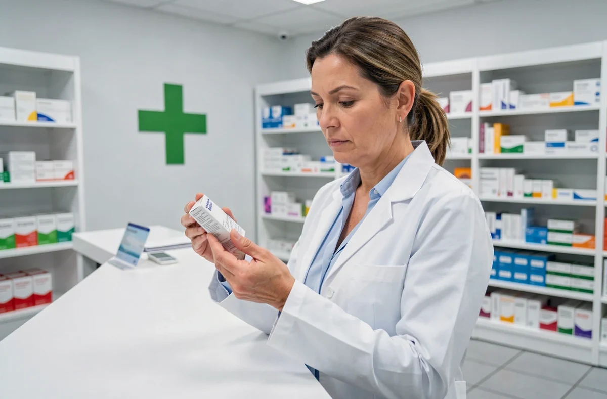 Pharmacienne en blouse blanche examinant une boîte de médicament Optiloba au comptoir d'une pharmacie moderne