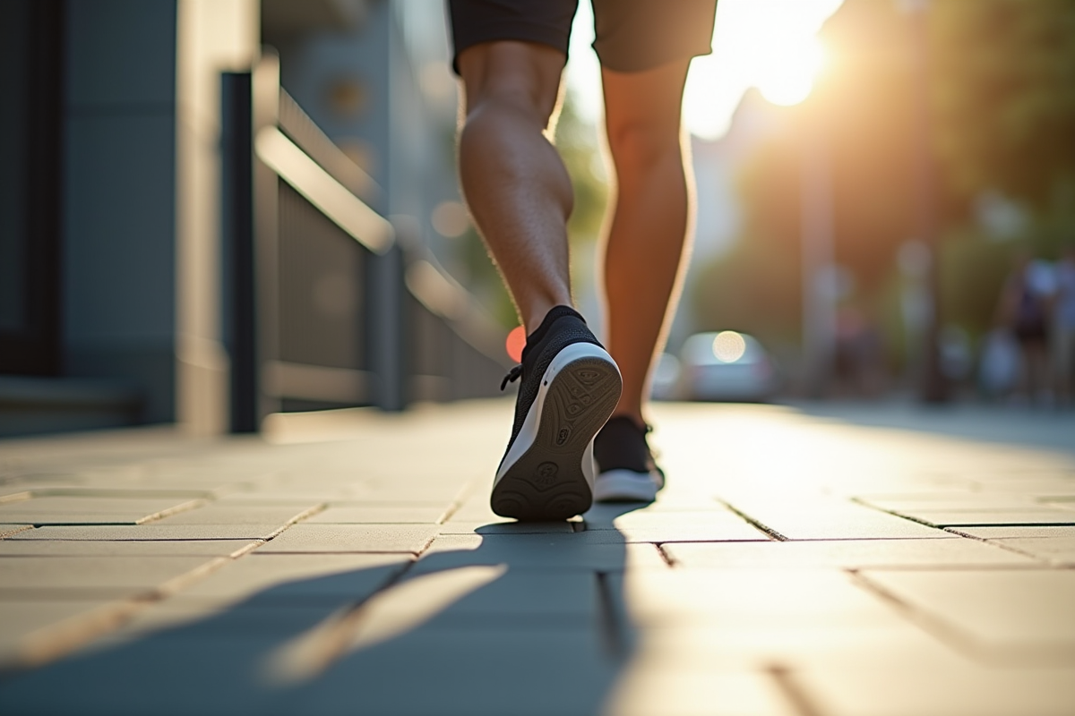 Jambes d’un homme avec tracker de fitness marchant en ville
