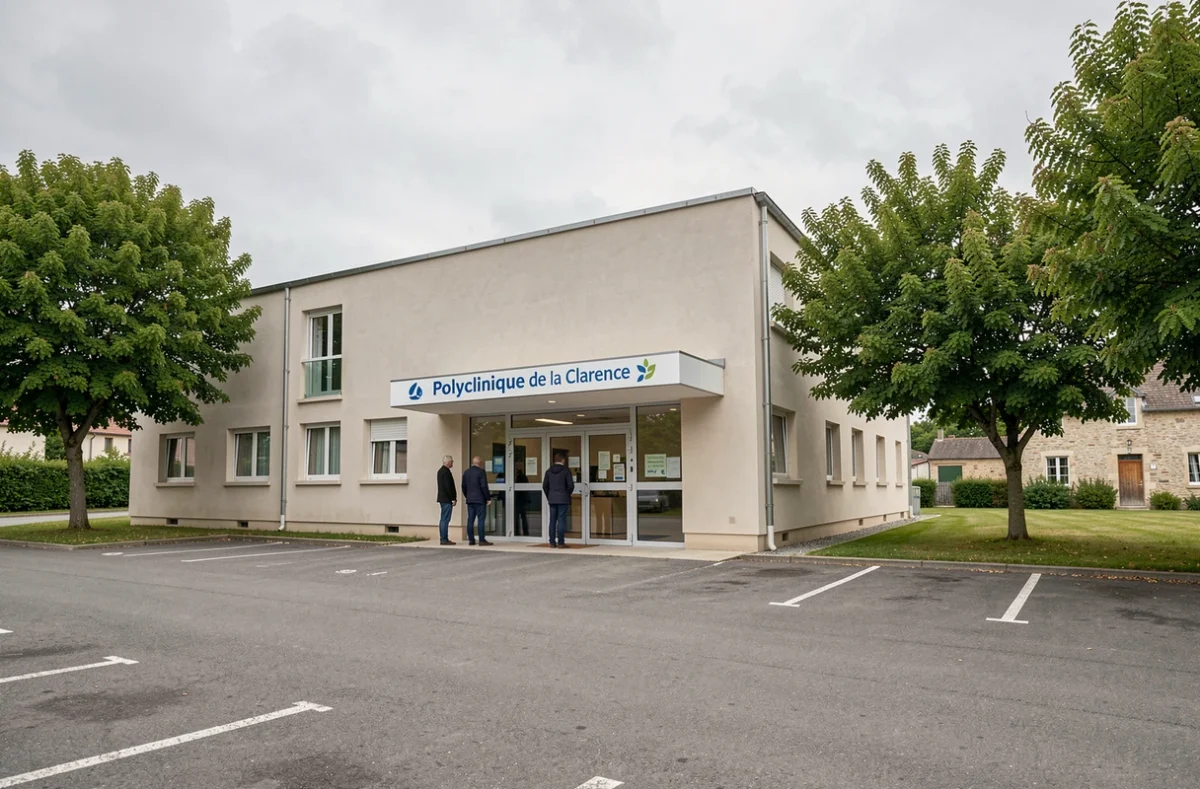 Façade extérieure de la Polyclinique de la Clarence à Divion avec entrée principale et environnement semi-rural du nord de la France