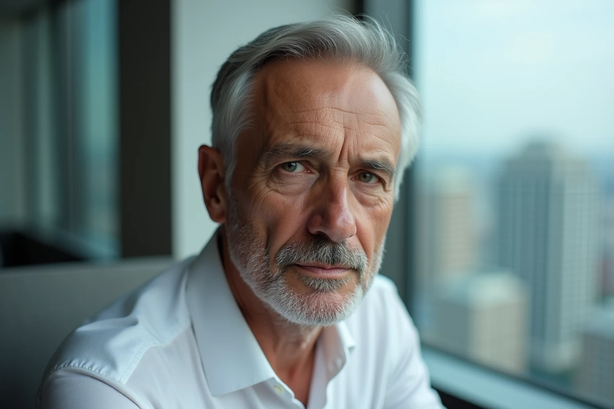 Portrait en gros plan d'un homme mature aux cheveux argentés avec une expression de résilience tranquille près d'une fenêtre urbaine
