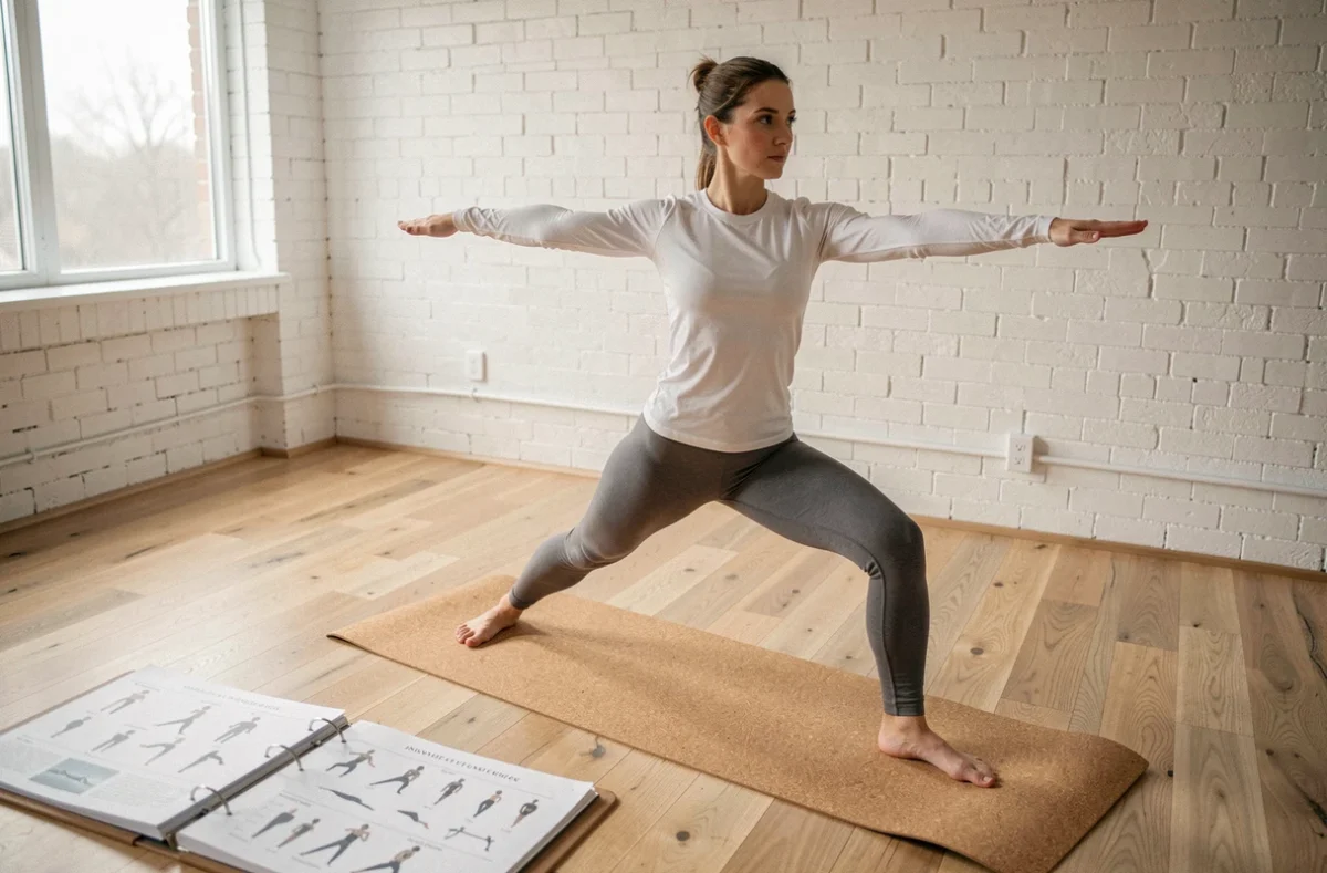 Femme pratiquant la posture du guerrier II sur un tapis de yoga avec un classeur de fiches d'asanas imprimées en premier plan