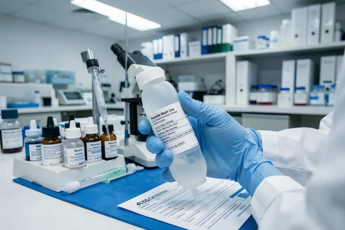 Mains gantées d'un biologiste tenant un flacon d'urine pour préparer un frottis cytologique en laboratoire