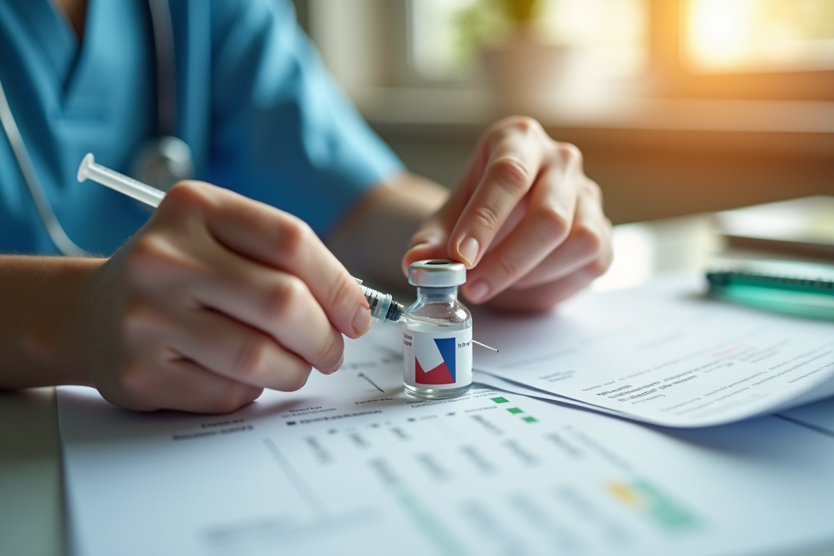 Infirmier français remplissant une seringue avec un flacon de vaccin