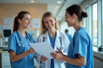 Quatre professionnels de santé discutant d'un dossier médical