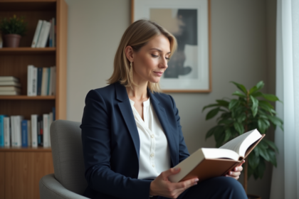 Psychologue femme tenant un manuel DSM dans un bureau calme