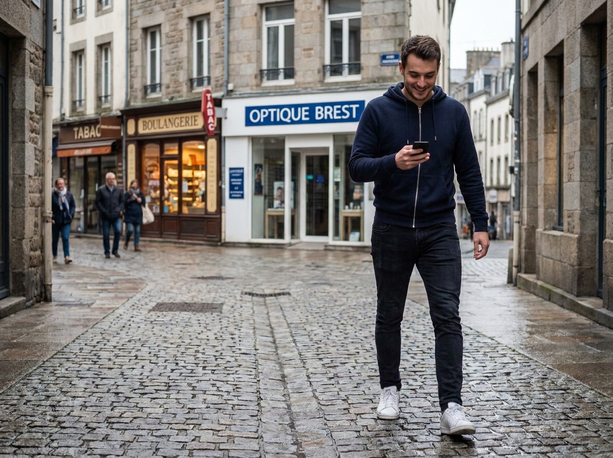 Jeune homme cherchant un opticien en centre-ville de Brest avec son smartphone