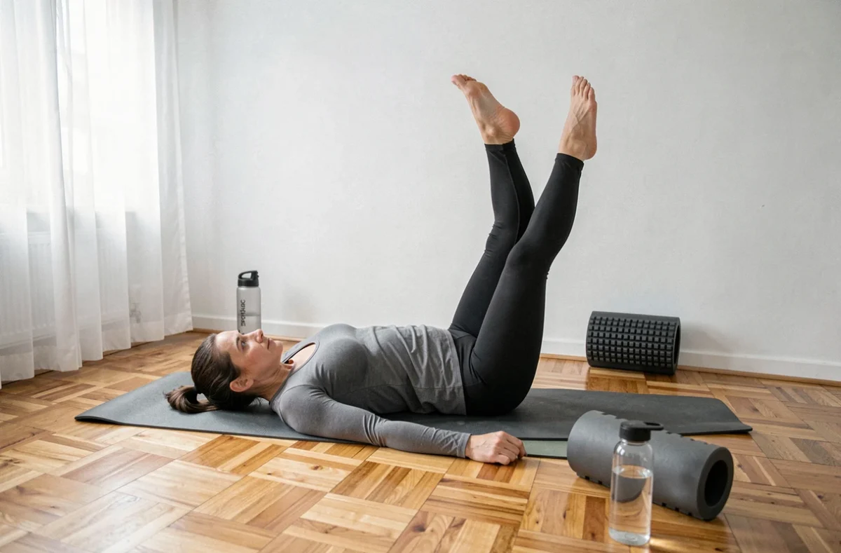 Athlète féminine en récupération post-marathon, jambes contre le mur en étirement des mollets sur tapis de yoga