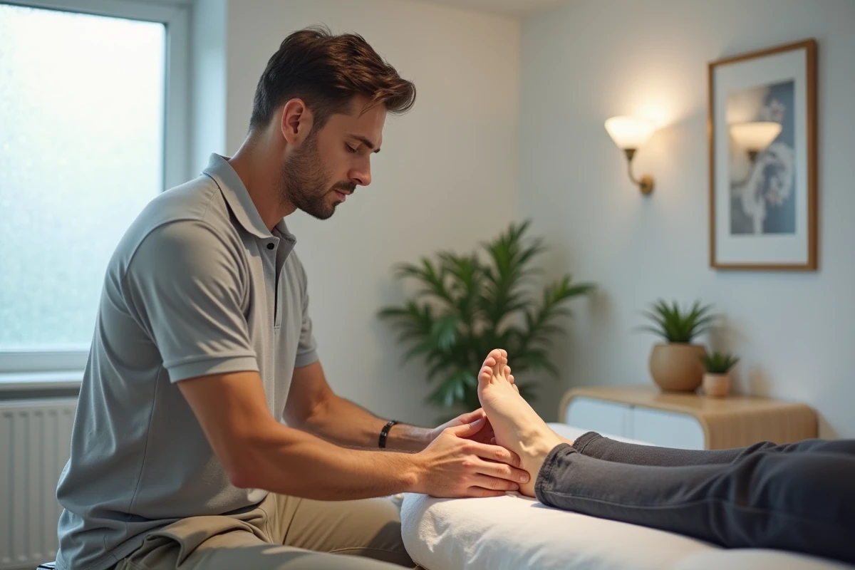 Reflexologue montrant la pression sur le pied d’un client