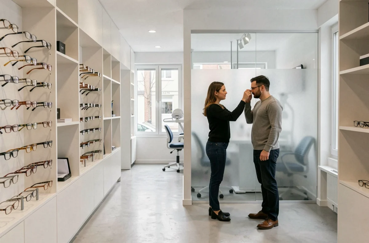 Intérieur du centre ophtalmologique Relais Vision à Lille avec présentoir de lunettes et espace de consultation