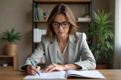 Femme consultant des documents d'assurance santé et mutuelle pour le remboursement de ses verres ZEISS