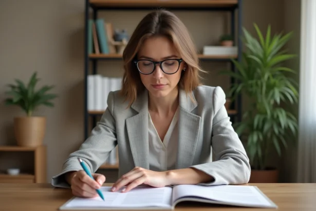 Femme consultant des documents d'assurance santé et mutuelle pour le remboursement de ses verres ZEISS