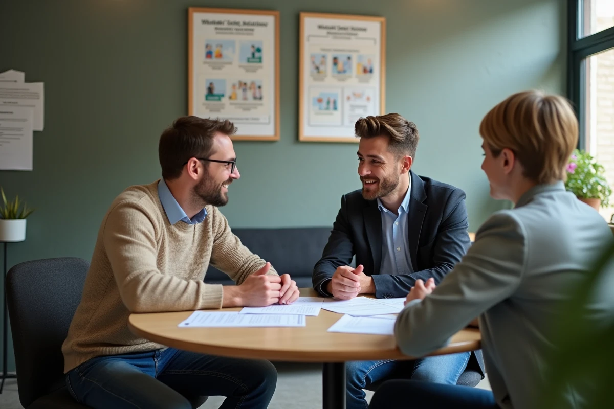 Jeune homme discutant avec un conseiller social dans un bureau