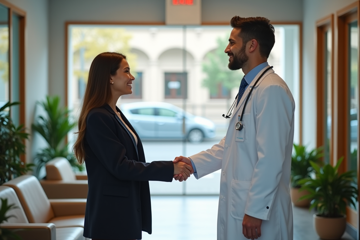 Docteur serre la main d une patiente dans la clinique