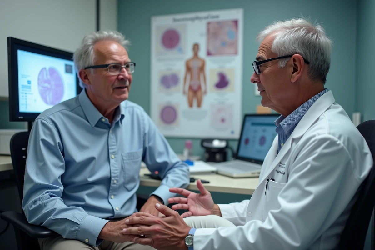 Homme discutant des résultats de biopsie cutanée avec un dermatopathologue