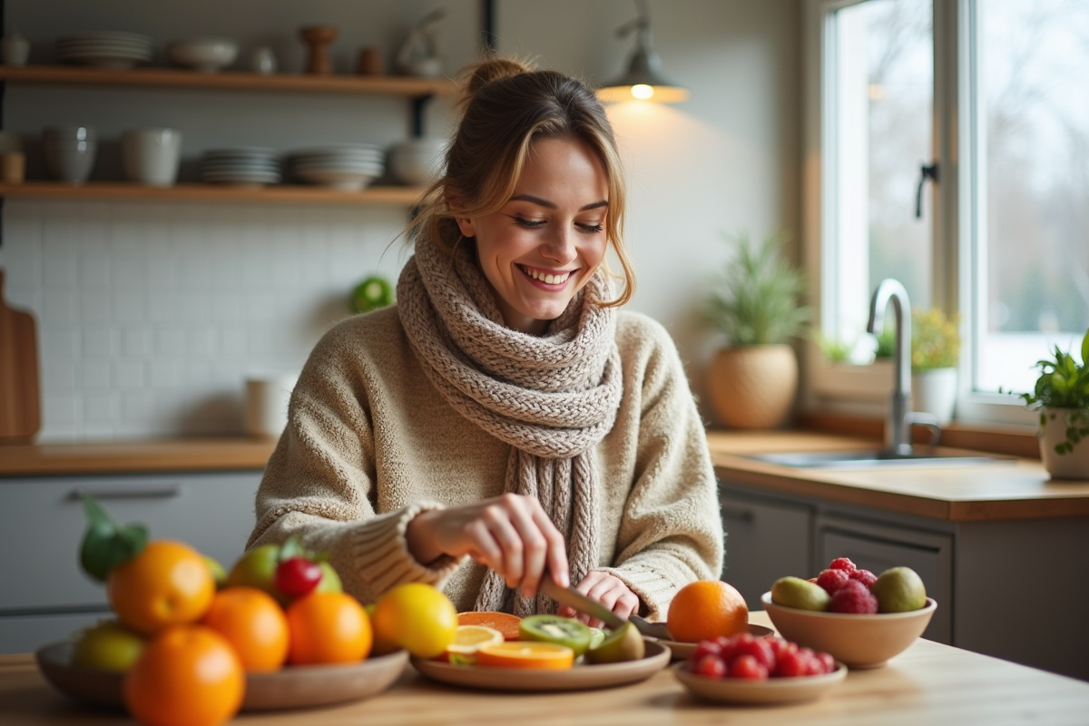 Femme préparant une salade de fruits colorée dans une cuisine lumineuse
