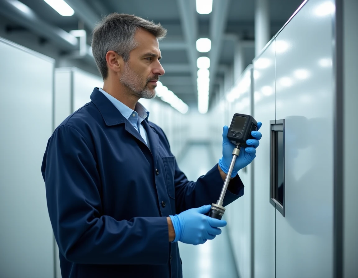 Scientifique utilisant un aérobiocollecteur portable dans une salle blanche de laboratoire