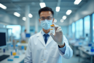 Scientifique français dans un laboratoire moderne tenant un flacon de vaccin