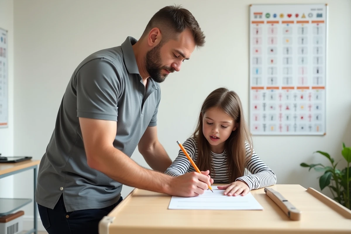 Ergothérapeute accompagnant une fillette dans un exercice d'écriture avec un crayon ergonomique lors d'un bilan pour troubles DYS