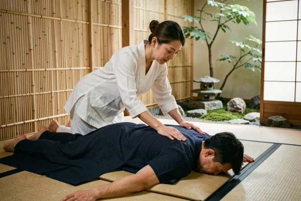 Thérapeute pratiquant un massage japonais shiatsu sur un client allongé dans un studio zen avec tatami et paravent shoji