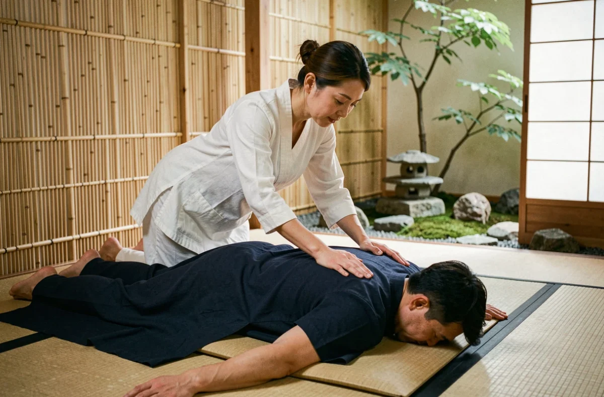 Thérapeute pratiquant un massage japonais shiatsu sur un client allongé dans un studio zen avec tatami et paravent shoji