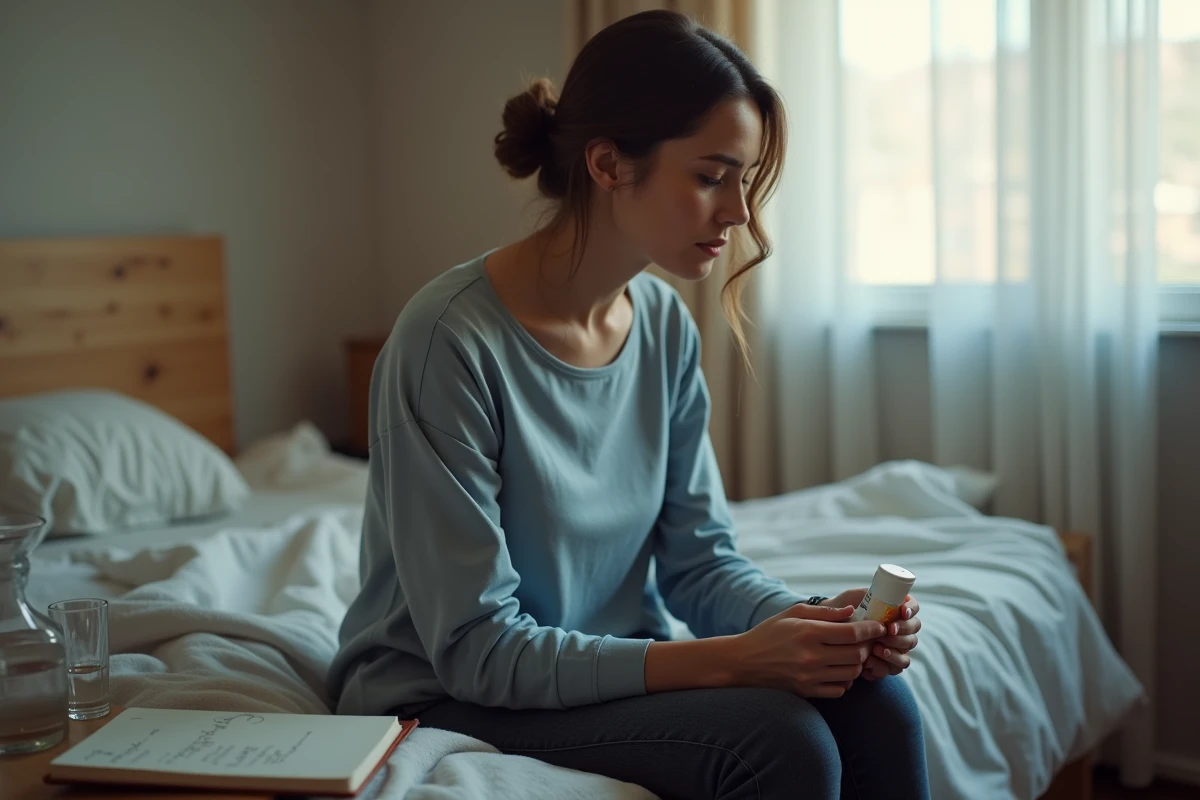 Femme tenant une boîte de médicaments assise sur son lit, illustrant la réflexion sur le sevrage des CDT en dix jours