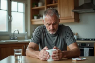 Homme d'une quarantaine d'années assis à une table de cuisine tenant une tasse, symbole du sevrage progressif aux benzodiazépines CDT