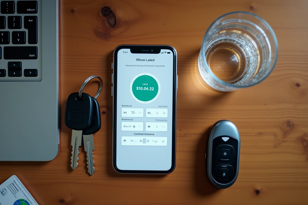 Vue de dessus d'un bureau avec simulateur d'alcoolémie sur smartphone, éthylotest et clés de voiture pour conducteur novice