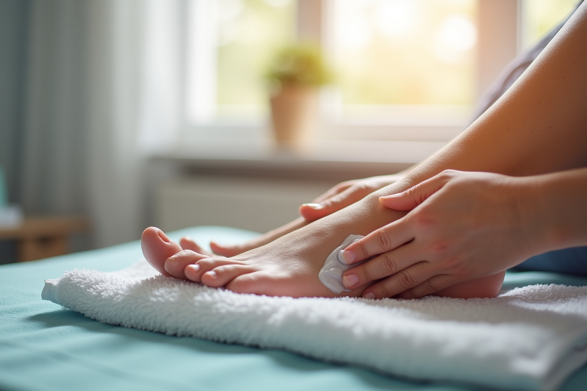 Gros plan sur pieds de senior avec creme hydratante